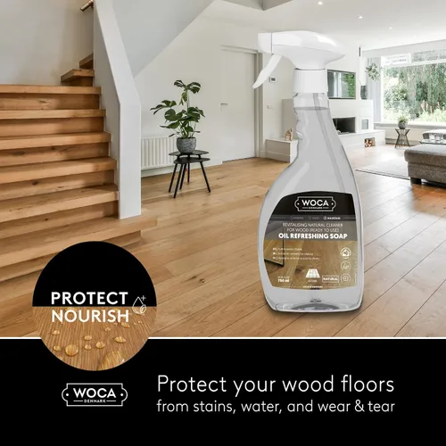 Miniatura 2 de WOCA Aerosol de jabón refrescante de aceite de Dinamarca Natural – Limpiador y rejuvenecedor listo para usar para suelos de madera aceitada blanca