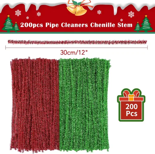 Miniatura 2 de Limpiadores de tubería brillantes - 200 piezas Rojo y Verde Limpiadores de tubería de Navidad 0.23"X12" Chenillas brillantes con tallos metálicos
