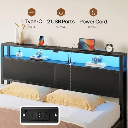 Miniatura 7 de Rolanstar Base de cama de tamaño completo con 4 cajones de almacenamiento, estación de carga y luces LED, plataforma de metal con cabecera
