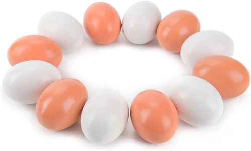 YunKo Huevos falsos de madera para decoración del hogar, huevos de Pascua marrones y blancos para hacer que las gallinas pongan huevos 12 12 huevos