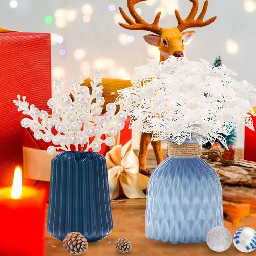 Miniatura 6 de Juego de 22 flores artificiales de flor de pascua navideña y tallos de bayas con purpurina, 16 adornos de flores de árbol de Navidad con purpurina