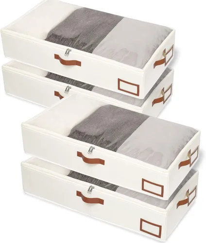 Miniatura 9 de Yawinhe Almacenamiento debajo de la cama, paquete de 2 organizadores de armario, bolsas plegables para contenedores, con ranura para tarjeta de Beige