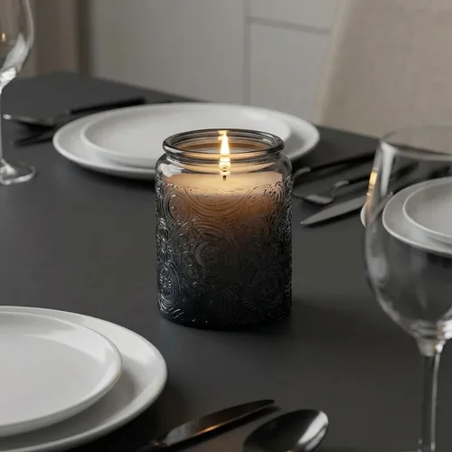 Miniatura 7 de Art Secret Paquete de 9 tarros de vela de vidrio en relieve de 8 onzas con tapas y etiquetas, diseño de estrellas de sol y luna (gris)