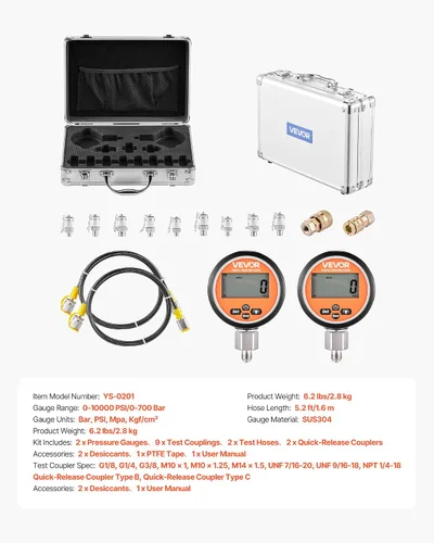 Miniatura 7 de VEVOR Kit de acoplamiento de prueba de presión hidráulica digital, probador de manómetro de manómetro de 10000 PSI con 2 calibradores, 9