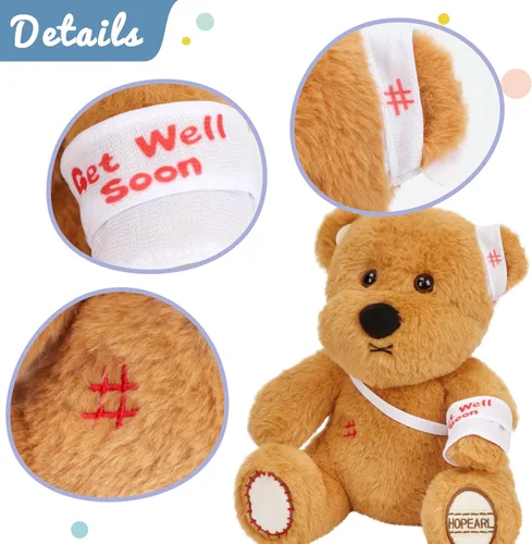 Miniatura 4 de Hopearl Adorable regalo de oso con brazo roto, animal de peluche suave, compañero reconfortante, marrón, 10 pulgadas