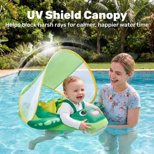 Miniatura 2 de Sloosh Flotadores de natación para bebés con toldo extraíble, flotador inflable para piscina para bebé, diseño de tortuga marina, anillo de natación