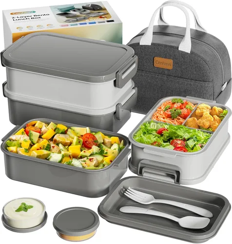 Miniatura 10 de Caja Bento para Adultos con Bolsa de Almuerzo Aislada, Capacidad de 74 oz, 3 Cajas Bento Apilables a Prueba de Fugas con Utensilio y Salsa