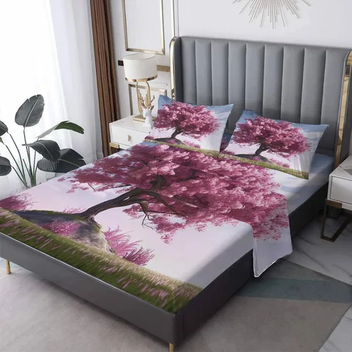 Juego de sábanas de 3 piezas con estampado de flor de cerezo, tamaño individual, diseño de árbol de Sakura, sábanas y fundas de almohada, sábana