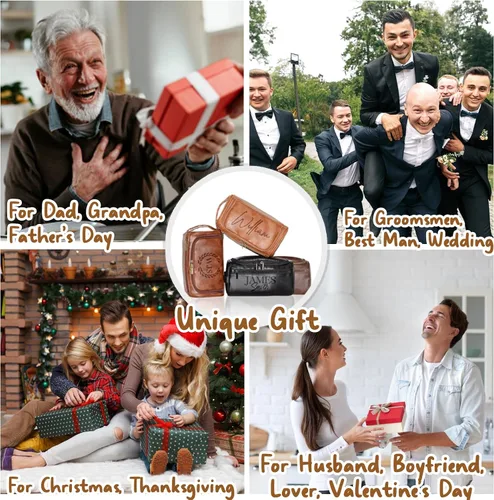 Miniatura 5 de Xpanrous Neceser personalizado para hombre – Kit de piel sintética grabada con nombre o iniciales personalizados, bolsa de afeitar de viaje hecha a