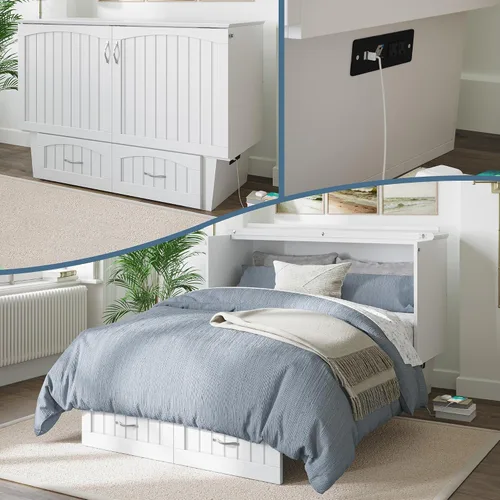AFI, Nantucket - Cómoda de cama Murphy de tamaño matrimonial con colchón, cajón de almacenamiento y cargador USB integrado, color blanco