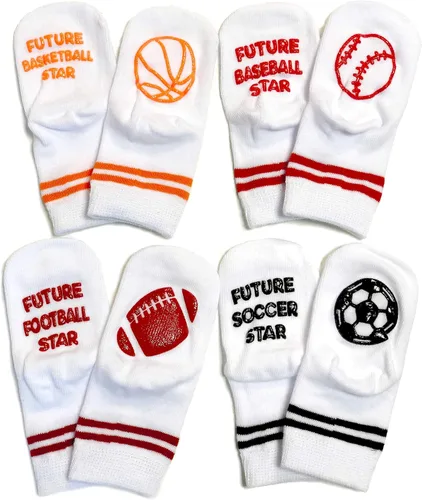 Set de regalo de calcetines para bebé, regalo para recién nacido para niño o niña, 4 pares de lindos calcetines de estrellas deportivas en caja de