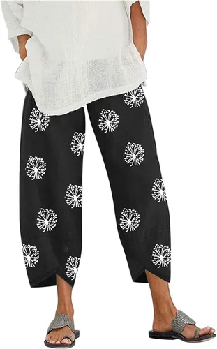 Pantalones Capri de Lino de Algodón para Mujer 2025, Pantalones Palazzo Recortados Casuales con Estampado, Cintura Elástica, Pantalones Holgados de