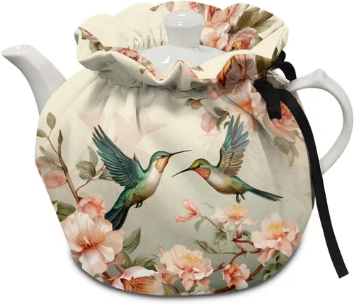 Miniatura 21 de DISNIMO Funda de tetera aislada a prueba de polvo con diseño floral de colibrí, para mantener el calor, accesorios decorativos, colcha