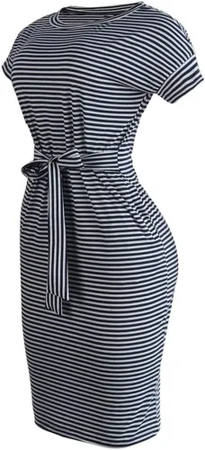 Miniatura 4 de Ceboyel Vestido de verano a rayas para mujer, vestidos cortos de manga corta, con lazo en la cintura, vestido casual de moda, trajes de negocios