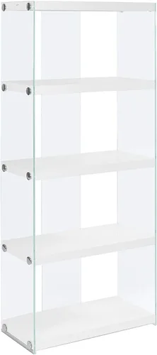 Monarch Specialties I Librero Etagere de 5 estantes, aspecto contemporáneo con marco de vidrio templado, estantería de 60 pulgadas de alto, (blanco)