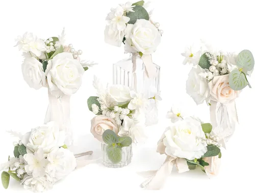 Miniatura 10 de Ling's moment Juego de 6 mini ramos de flores de boda color burdeos y negras para dama de honor, prefabricados, pequeños, florales, granate