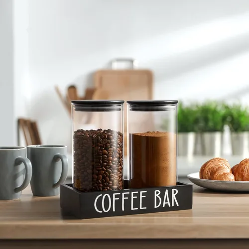 Miniatura 7 de Recipiente de Vidrio para Café Molido - Juego de 2 Piezas de 45oz de Recipientes para Café y Azúcar con Tapas Herméticas de Bambú y Bandeja Negra