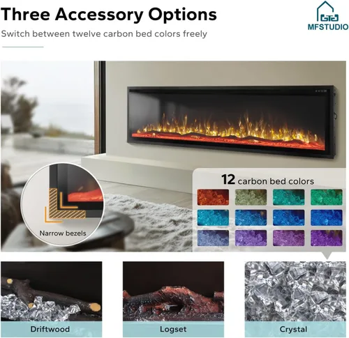 Miniatura 3 de MFSTUDIO - Chimenea eléctrica de 72 pulgadas con 84 combinaciones de color, chimenea eléctrica empotrada y montada en la pared con marco ultra