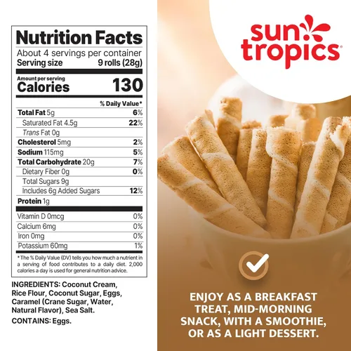 Miniatura 2 de Sun Tropics CocoRolls Sabor a caramelo salado de 4 onzas Galletas de oblea enrolladas crujientes, rollos de coco hechos con crema de coco pura