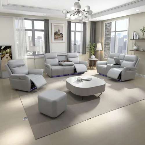 Miniatura 8 de Air Leather - Juego de sofá reclinable eléctrico con LED, juegos de muebles de sala de estar, juego de sofá reclinable eléctrico con puertos USB