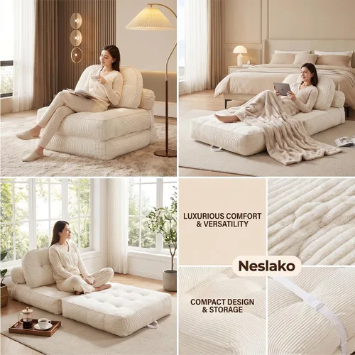 Miniatura 8 de Sofá cama plegable, futón de franela con almohada y manta, silla convertible para sala de estar y dormitorio, color blanco