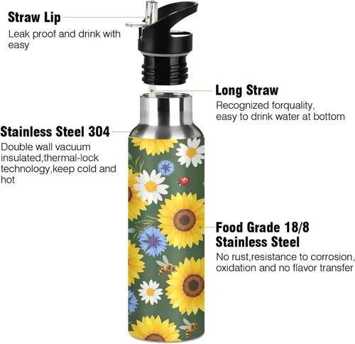Miniatura 3 de BPA-Free Sport Water Bottle Insulated 20 Oz, Stainless Steel Vacuum Insulated Water Bottle for Gym Outdoor Travel School, Yellow Sunflowers