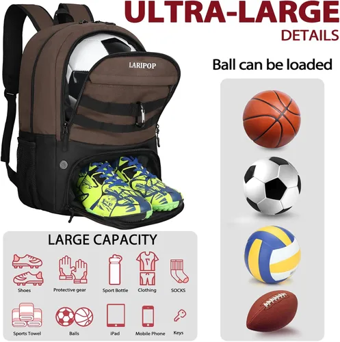 Miniatura 4 de LARIPOP Mochila de Fútbol, Bolsa de Fútbol con Soporte para Balón y Compartimento para Zapatos, Bolsas de Entrenamiento para Equipos Deportivos