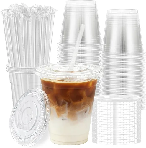 Lamosi Paquete de 100 vasos de plástico transparente de 12 onzas con tapas y pajitas, tazas de café de plástico desechables con tapas para café