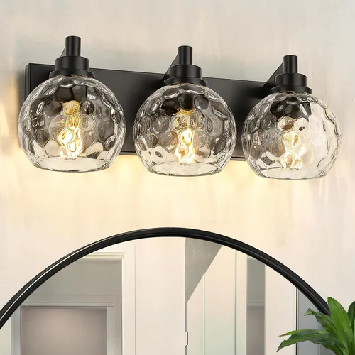 Miniatura 28 de Accesorios de iluminación de baño, luz de tocador mate negra de 2 luces, apliques de pared modernos con pantalla de globo de vidrio transparente