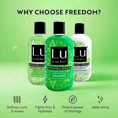 Miniatura 3 de LatinUs Beauty, FREEDOM Impossible Keratin, Colección para cabello: Shampoo + Acondicionador + Crema para Peinar con Moringa
