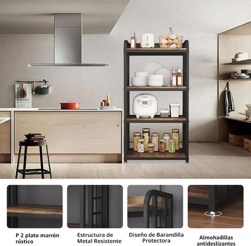 Miniatura 8 de Soporte para horno microondas con almacenamiento de 4 niveles, soporte independiente para horno microondas con barra de café, estantes ajustables