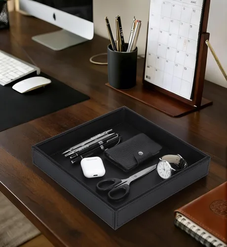 Miniatura 6 de HofferRuffer Bandeja de tocador de piel sintética, elegante organizador de almacenamiento de escritorio, bandeja decorativa multiusos para perfume