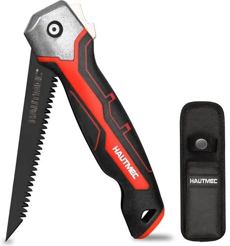 HAUTMEC Sierra plegable para paneles de yeso con funda, sierra Jab de triple tierra 7TPI con hoja de acero de alto carbono, revestimiento negro