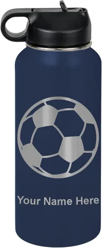 Miniatura 59 de LaserGram Botella de agua personalizada, pelota de fútbol, acero inoxidable de doble pared aislada al vacío con popote superior, regalo grabado