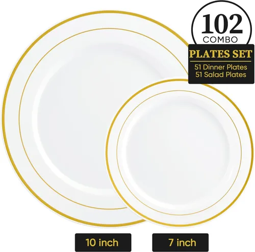 Miniatura 2 de FOCUSLINE Juego de 102 platos de plástico dorados, desechables, resistentes, 51 platos llanos y 51 platos de postre, elegante plato de plástico
