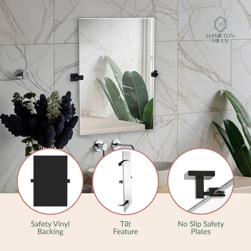 Miniatura 4 de Hamilton Hills - Espejo pivotante de pared de 20x30 pulgadas con soportes cuadrados de pared negros mate Espejo de baño sin marco Espejo