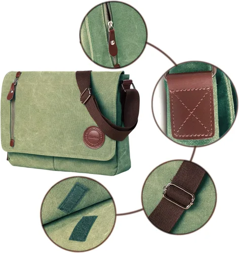 Miniatura 7 de Bolso bandolera de lona vintage para hombres y mujeres, bolsa de hombro de viaje para laptop de 13.5 pulgadas, bolsa para libros (verde militar)