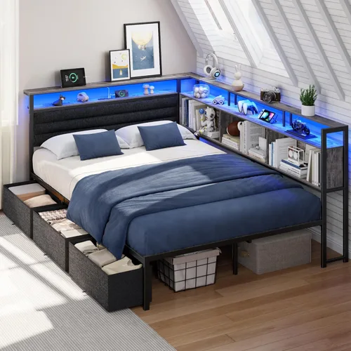 Miniatura 11 de OURPIC Marco de cama esquinero con estantería de almacenamiento y luces LED, marcos de cama de tamaño individual con cabecera tapizada y estación