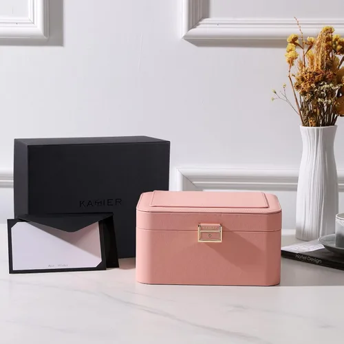 Miniatura 4 de KAMIER Joyeros para mujer 2 capas de piel sintética caja de joyería de viaje gran capacidad doble cerradura y espejo grande ganchos ocultos