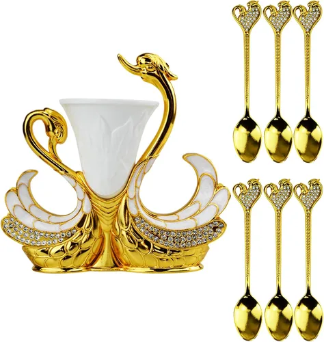 Juego de cucharas con base de cisne dorado, cubiertos decorativos de cisne con 6 cucharas, cucharas de café, organizador para postres, helado,