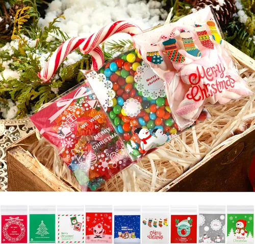 Miniatura 6 de FEBSNOW 450 bolsas de dulces de Navidad, bolsas autoadhesivas de celofán, bolsas de plástico para galletas para Navidad, fiestas, regalos