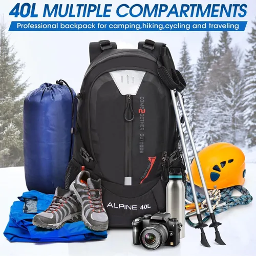 Miniatura 7 de Mochila de senderismo para acampar 40L al aire libre, mochila de viaje ligera con cubierta de lluvia para mujeres y hombres (negro)