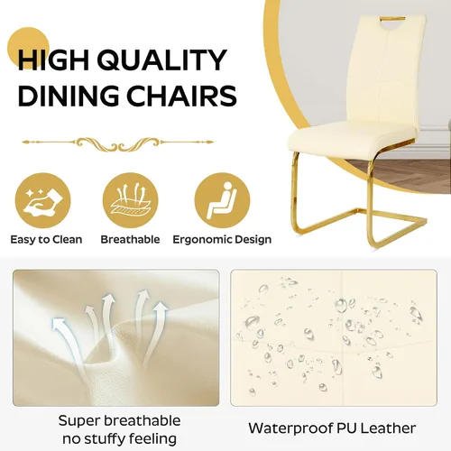 Miniatura 6 de Juego de sillas de comedor modernas (2 unidades) de piel sintética PU con respaldo alto tapizadas con patas doradas de metal para cocina y comedor