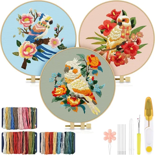 Miniatura 10 de TINDTOP 3 juegos de kit de práctica de bordado, kit de bordado de mariposas y flores para principiantes incluye tela, aros, hilos para amantes