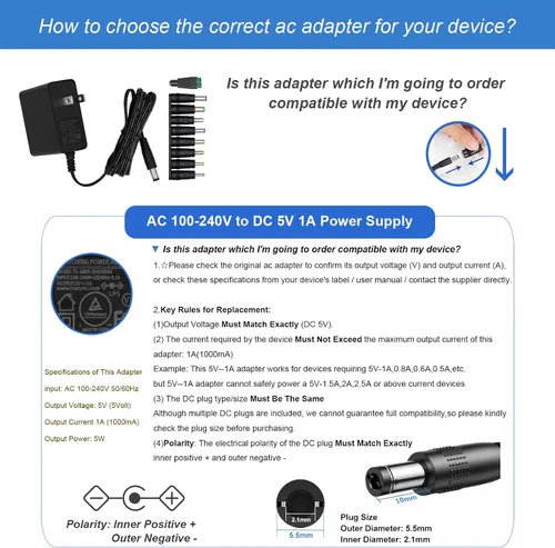 Miniatura 4 de 5V 1A Cargador de pared Adaptador de corriente con enchufe 5.5 x 2.1mm, 5W Adaptador universal AC/DC 100-240V AC a DC 5V Convertidor de cable
