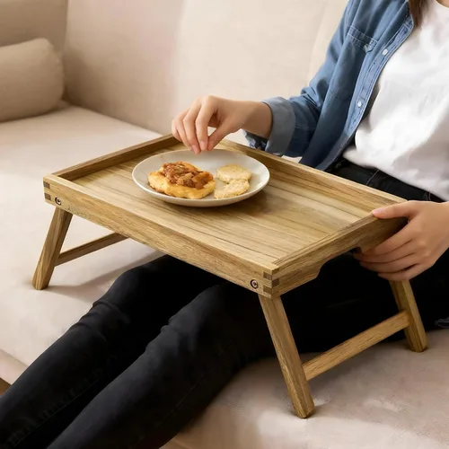 Miniatura 7 de VaeFae Bandeja de mesa de cama de acacia, bandeja de desayuno de madera con patas plegables, bandeja de cama para comer y computadora portátil