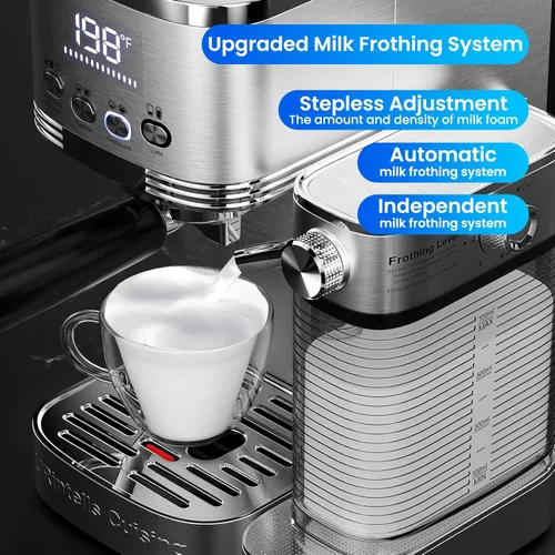 Miniatura 4 de Máquina de café expreso de 20 bares, temperatura y tiempo, pantalla LED, máquina de café espresso con espumador de leche automático ajustable sin