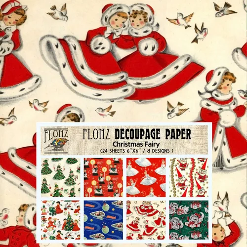 Paquete de papel para decoupage (24 hojas 15x15 cm) FLONZ estilo vintage hadas de Navidad, papel para decoupage, manualidades y álbumes de recortes