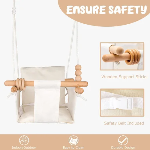 Miniatura 2 de Columpio para Bebé Interior y Exterior Asiento de Columpio para Niños Pequeños con Cinturón de Seguridad, Columpios Colgantes de Lona para Exterior