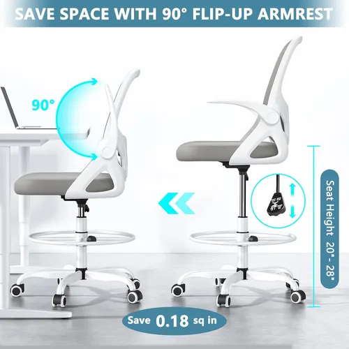 Miniatura 7 de Kensaker Silla de redacción alta, silla de escritorio ergonómica de pie con anillo ajustable para el pie y reposabrazos abatibles, silla de Gris